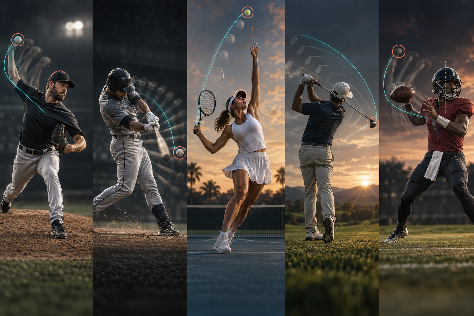 Illustrative multi-sport montage of pitching, hitting, tennis, golf and football with motion trails and annotation guides